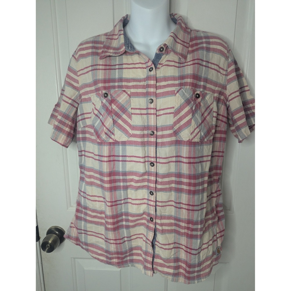 Carhartt Womens Plaid Short Sleeve Button Down Shirt Pink Cream Blue Large
